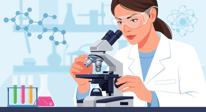 Female scientist examining sample under microscope in laboratory