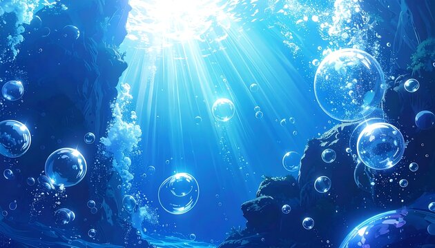 A serene underwater scene with sunlight filtering through bubbles