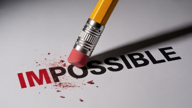 A yellow pencil eraser diligently removes the "IM" from the word "impossible", transforming it into "possible" on a clean white page, symbolizing willpower.