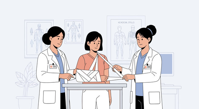 Doctors applying a cast to a patient's arm in a medical examination room.