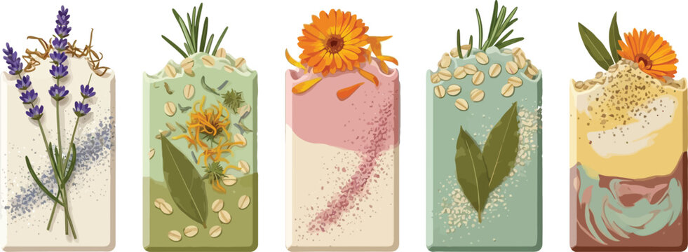 Collection of artisanal soaps with natural ingredients like lavender calendula and rosemary perfect for organic skincare branding and product design