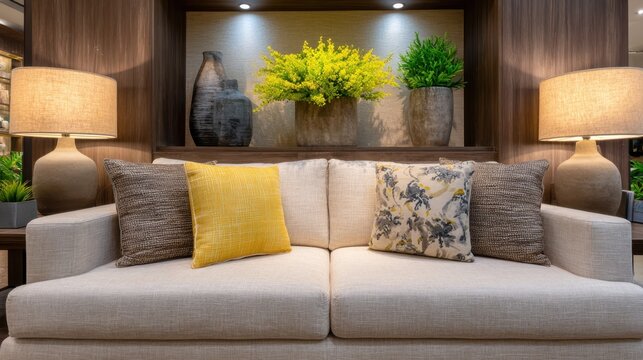 Cozy Modern Living Room with Stylish Sofa, Decorative Pillows and Green Plants in Elegant Interior Design