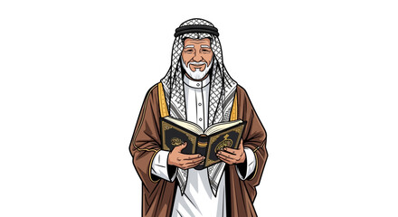 Obraz premium Muslim Man in Traditional Arab Clothing Holding the Holy Quran, Vector Illustration