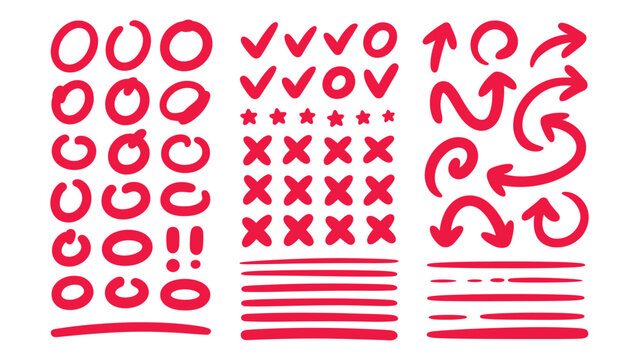 Hand drawn pen line highlight red set.  Round oval, circle scribble frame, arrow elements .Line red hand drawn pen marker stroke underline, arrow, check mark emphasis.  Vector illustration