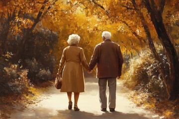 Fototapeta premium Elderly Couple Walking Hand in Hand Through Autumn Garden Path
