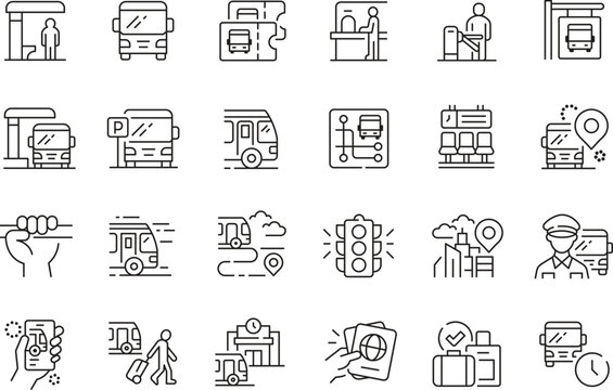 Bus Transport and Public Transit Line Icons Set Editable Stroke Transportation Vector Collection