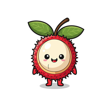 Vector illustration of a cute chibi rambutan fruit character mascot featuring a red spiky skin, smiling face with rosy cheeks, white interior flesh, and green leaves on top.