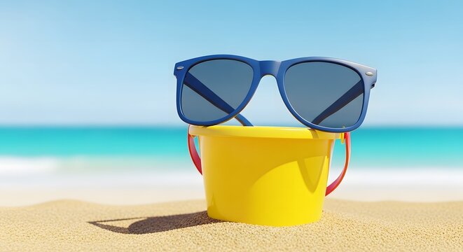Happy summer day campaign sunglasses and beach bucket on sandy shore