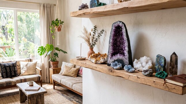 Boho living room interior with rustic wooden shelves featuring healing crystals, amethyst geode, and home plants