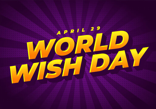 Bold retro poster with big yellow 3d text world wish day and april 29 on purple radial burst background