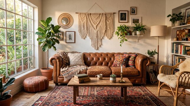 Cozy boho chic living room interior with brown leather chesterfield sofa and macrame wall decor