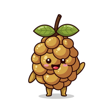 Vector illustration of a cute chibi Langsat fruit mascot with a happy smiling face, blushing cheeks, and a waving hand, isolated on a white background with green leaves on its head.