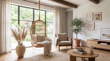 Fototapeta premium Modern cozy living room interior with rattan hanging chair, wooden coffee table, and large windows with garden view