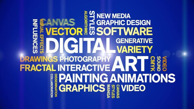 Digital Art animated word cloud-text design animation tag kinetic typography seamless loop.