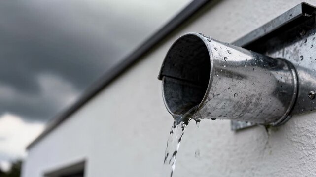 Close up of water flowing from metal gutter downpipe on building exterior during rainy weather