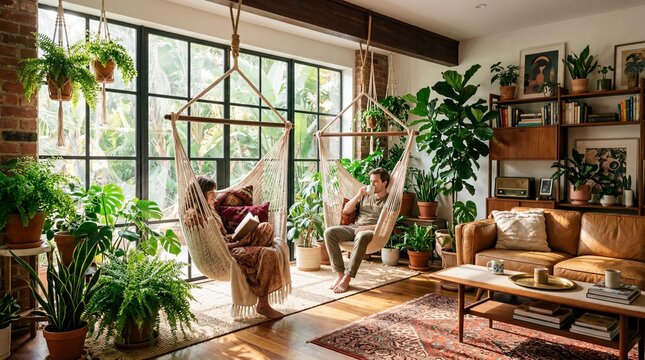 Relaxed couple relaxing at home sitting in cozy macrame hammock chairs in a sunlit plant-filled living room