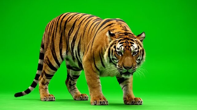 Majestic Bengal tiger slowly prowling forward, isolated on a vibrant chroma key green background, ready for seamless digital compositing in various creative projects