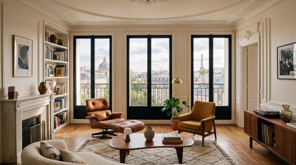 Elegant Parisian Apartment Living Room with View of the Eiffel Tower and Haussmann Architecture