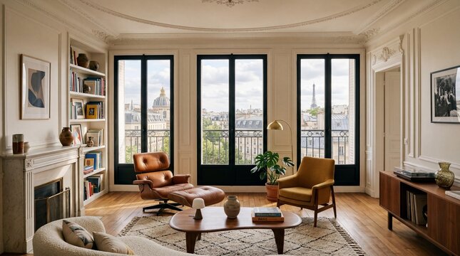 Elegant Parisian Apartment Living Room with View of the Eiffel Tower and Haussmann Architecture