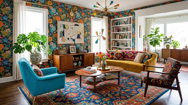Vibrant maximalist living room interior featuring vintage mid-century furniture and colorful floral wallpaper