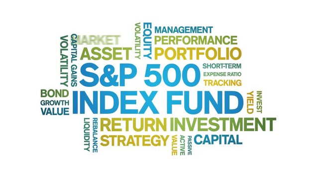 S&P 500 index fund animated word cloud-text design animation tag kinetic typography seamless loop.