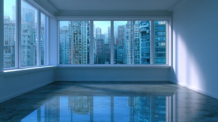 Fototapeta premium Bright Modern Apartment Interior with Stunning City View from Floor-to-Ceiling Windows in Urban Setting
