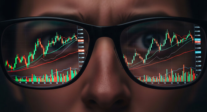 Person wearing glasses with high frequency crypto trading graphs reflected