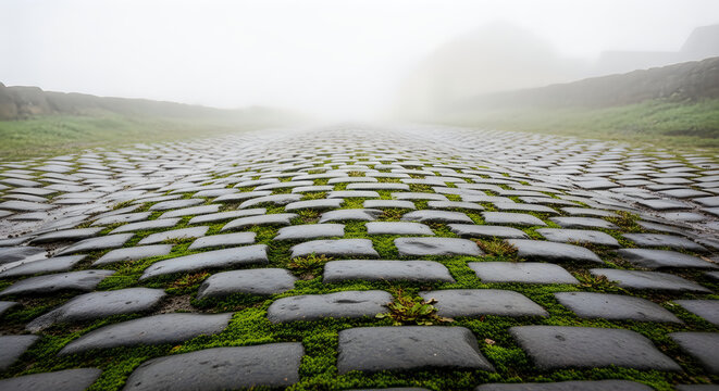 Cobblestone road covered in moss leading into thick fog