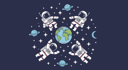 Astronauts floating around Earth in space with stars and planets. © Ndog