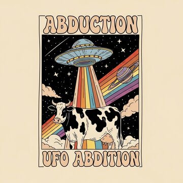 Retro cosmic cow abduction art: vibrant rainbow beam, surreal starry sky, vintage UFO.