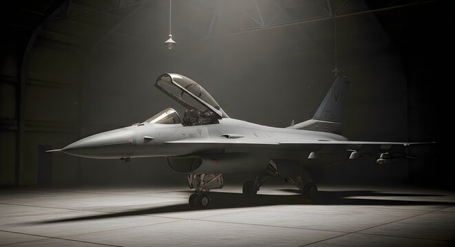 Modern f16 fighting falcon fighter jet parked inside a dimly lit industrial aircraft hangar with overhead lighting