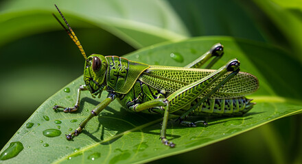 Fototapeta premium Green Grasshopper on Tropical Leaf Vibrant Nature Macro Photography