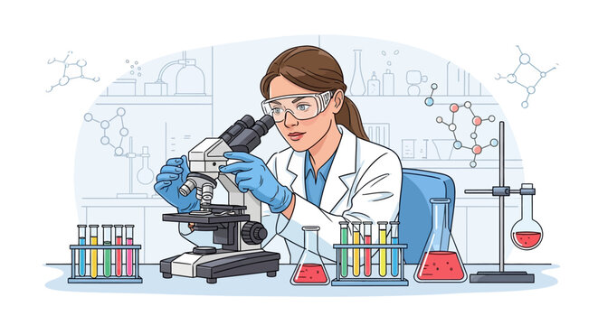 Female scientist examining samples under a microscope in a laboratory