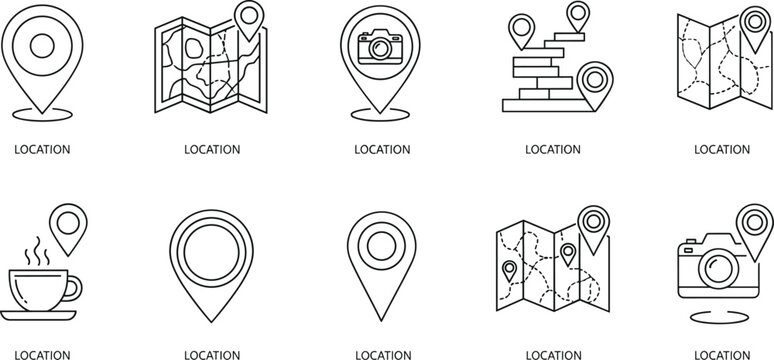 Location navigation outline icon set featuring map pins gps markers destination tracking and travel mapping symbols