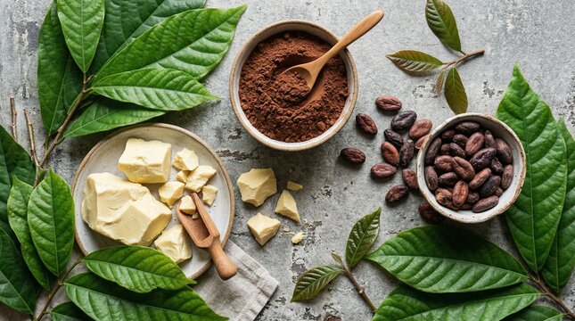 Organic cocoa butter, beans, powder and green leaves on grey table, top view