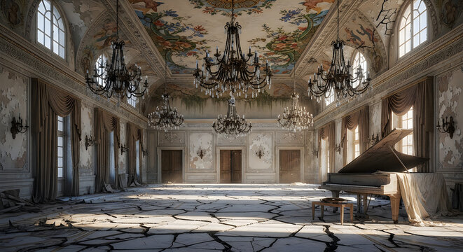Grand abandoned ballroom with cracked floor, ornate chandeliers, and faded floral ceiling frescoes