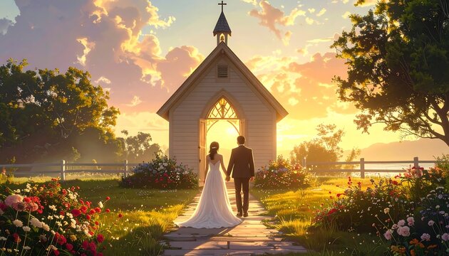 A serene wedding scene with a chapel, couple, and vibrant flowers