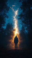 Fototapeta premium A solitary figure gazes upwards at ethereal light streaking through forest canopy