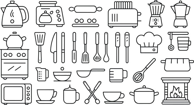 Kitchen appliances and cooking utensils icons set with toaster blender kettle oven cookware and tools line vector illustration collection