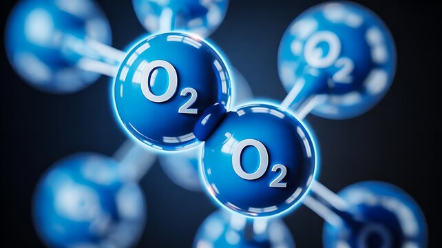 Oxygen molecule spheres connected in futuristic scientific visualization with medical and chemistry concept