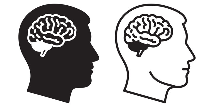 Two human head silhouettes with visible brains inside skulls facing right side profile
