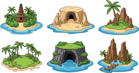 Cartoon Tropical Island Vector Set with Caves, Palm Trees, Rocks, Temple and Wooden Pier for Game Assets, Adventure Map and Fantasy Landscape Design © EdGe Creative