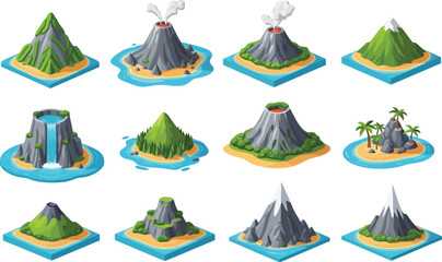 Isometric Island and Mountain Vector Set with Volcanoes, Waterfalls, Rocky Peaks and Tropical Landscapes for Game Assets, Adventure Maps and Nature Illustration © EdGe Creative
