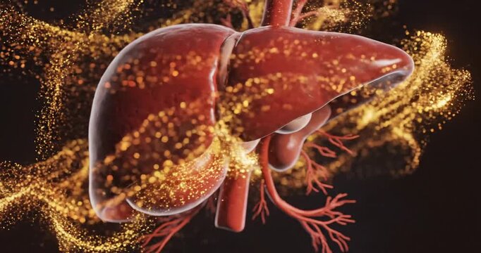 Detailed 3D rendering of a human liver with surrounding blood vessels and glowing particles