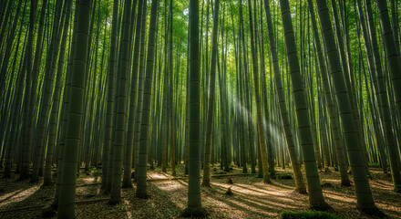 Fototapeta premium Dense bamboo forest with tall green stalks and sunlight filtering through the canopy