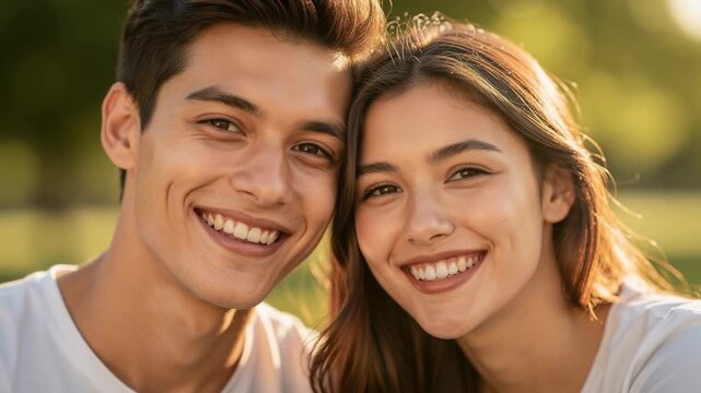 Happy young couple smiling outdoors enjoying sunny day together in natural park setting
