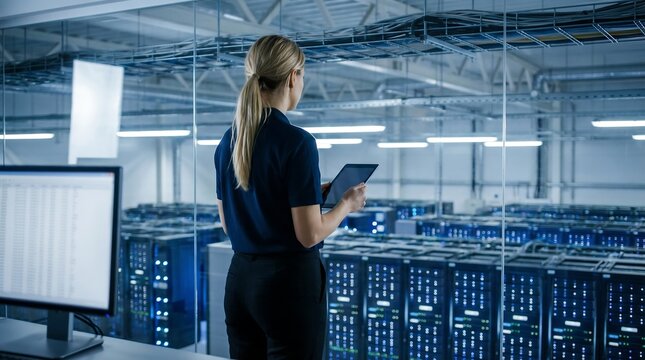 A professional woman monitors rows of illuminated server racks in a modern data center, holding a tablet for operational management and network system control.