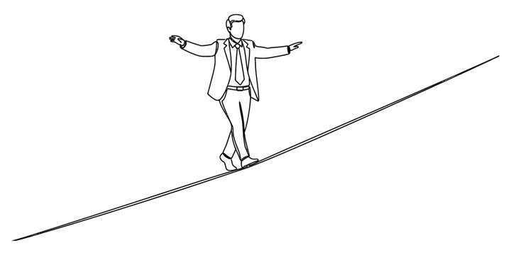 A businessman in a suit walks carefully on a thin rope to illustrate the concept of risk balance