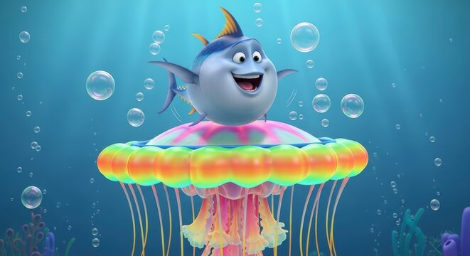 Smiling Cartoon Shark Riding Jellyfish Underwater.