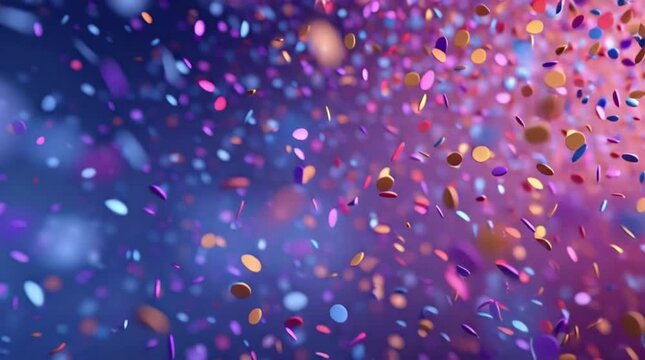 Vibrant multi-colored confetti swirls in a dreamy, slow-motion dance against a soft purple and blue bokeh background. A festive, cinematic celebration of light and color.